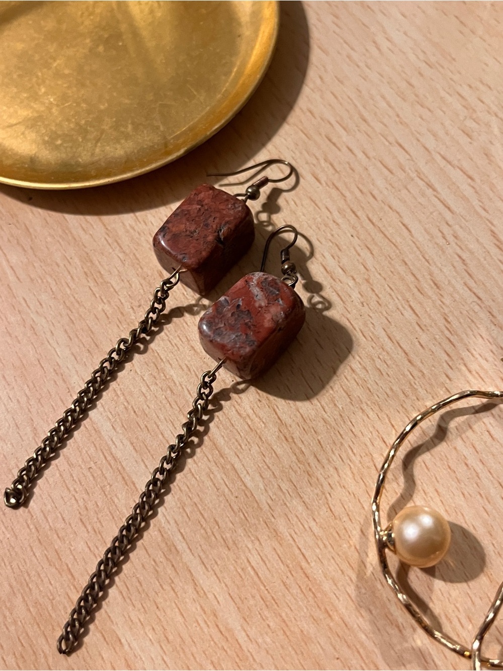 Lucky Brand Rust Red Jasper Stone Dangle Drop Earrings with Brass Chains
